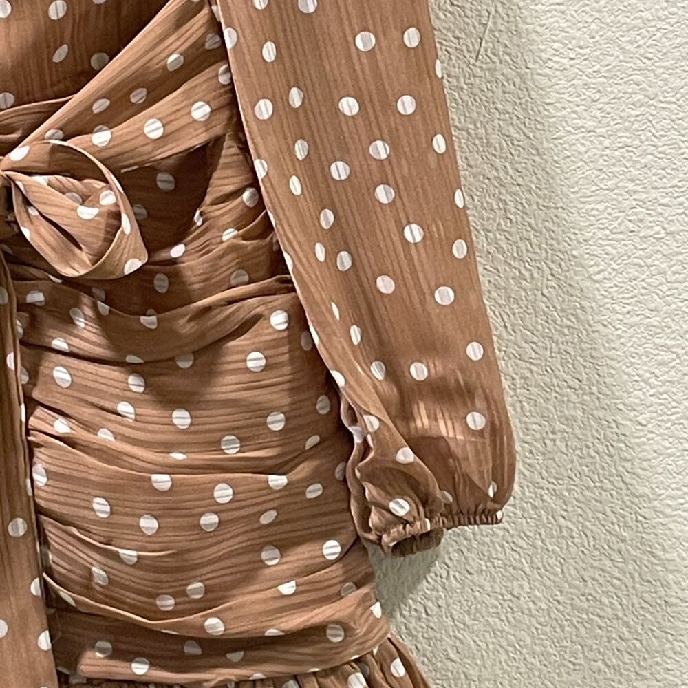 STORIA Long Sleeve Mini Dress V-Neck Ruched Polka Dot  Tan/White Women S - Picture 11 of 13